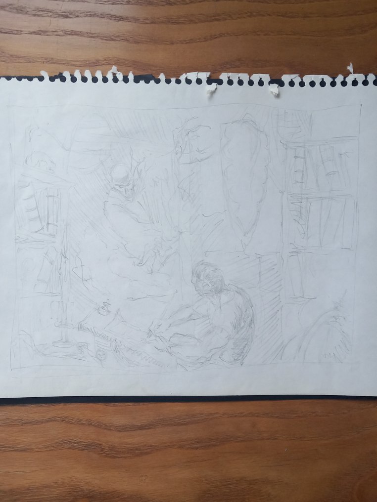 Mike Kaluta - 1 Original drawing - Self-portrait at drawing table with demon #3.2