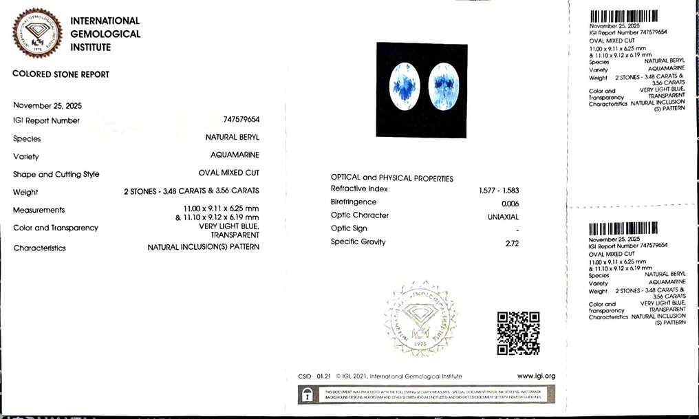 Ingen mindstepris - 2 pcs  Blå Akvamarin  - 7.04 ct - International Gemological Institute (IGI) #2.1