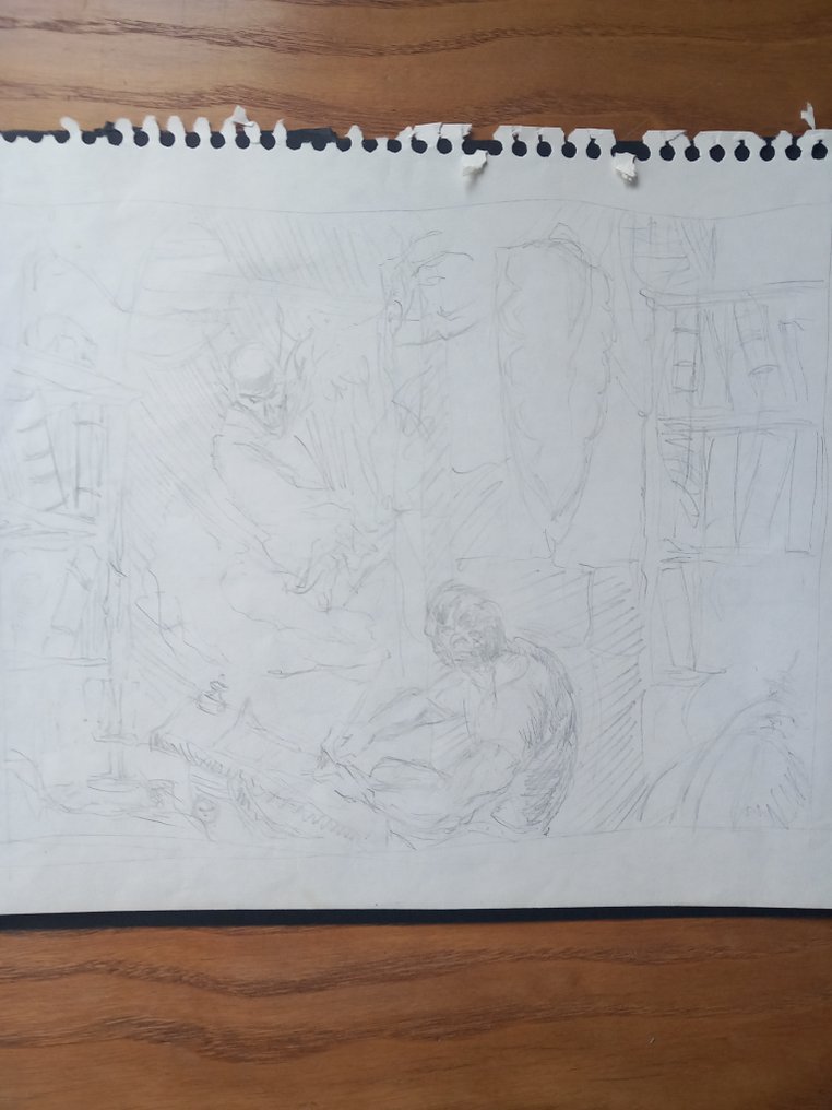 Mike Kaluta - 1 Original drawing - Self-portrait at drawing table with demon #1.0