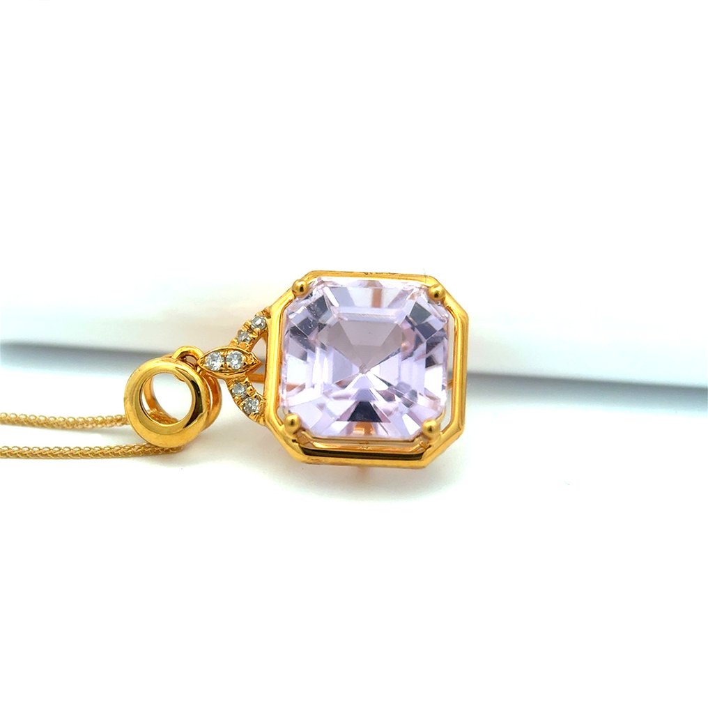 Halskæde med vedhæng - 14 karat Gulguld -  3.34ct. tw. Kunzit - Diamant #1.0