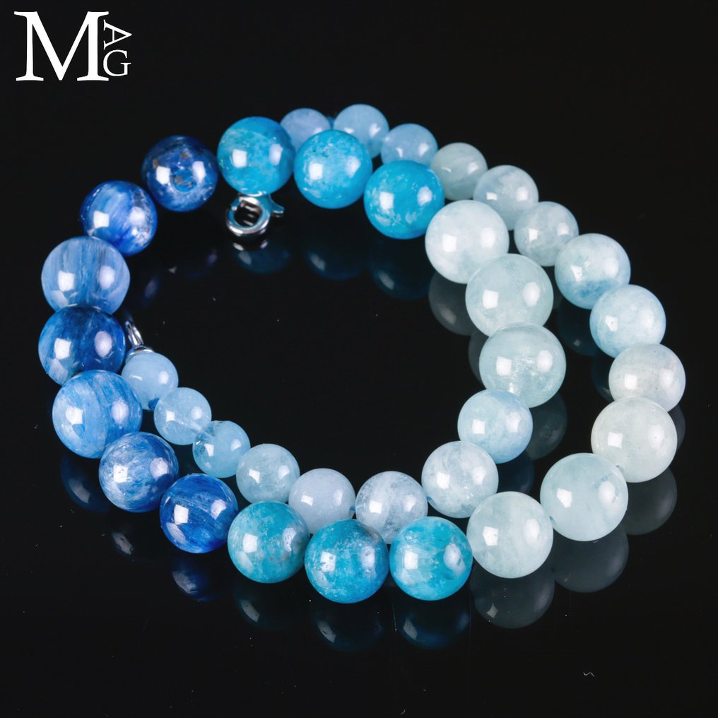 Φυσικός μπλε πολύτιμος λίθος Κολιέ από Κιάνιτ, Νέον Απατίτη και Ακουαμαρίνα. - Ύψος: 420 mm - Πλάτος: 13 mm- 84 g #2.1