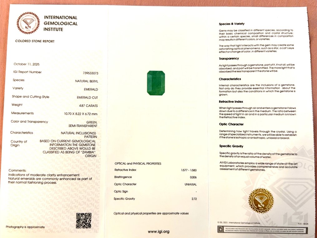 没有保留价 - 1 pcs  绿色 祖母绿  - 4.87 ct - 国际宝石研究院（IGI） - 天然的翡翠 #2.1