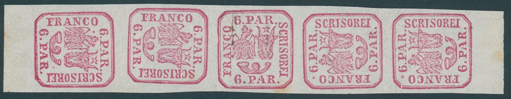 Romania 1862 - Principality of Romania - postfrischer 5-er Streifen 6 Par rot mit Kehrdruck in sehr guter Erhaltung Mi.Nr. 9 #1.0