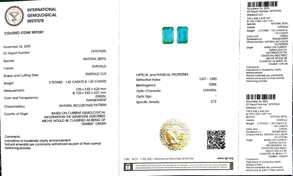 沒有保留價 - 2 pcs  祖母綠  - 2.86 ct - 國際寶石學院（International Gemological Institute (IGI)） #2.1