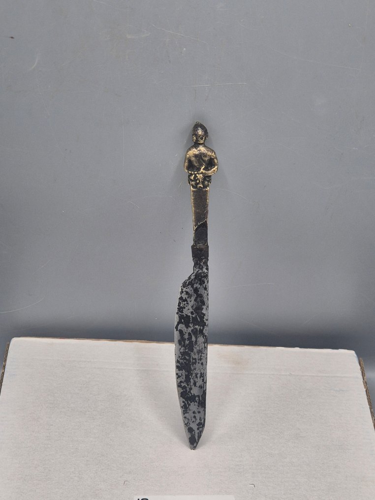 Faca de mesa - Faca de casamento de bronze dourado, com peso em Baccus e texto. - Huwelijksmes Baccus 1660 #3.2