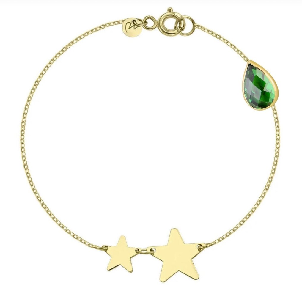 Sem preço de reserva - Handmade - Bracelete - 14 K Ouro amarelo Zircão - 2 estrelas com pedra verde #4.3