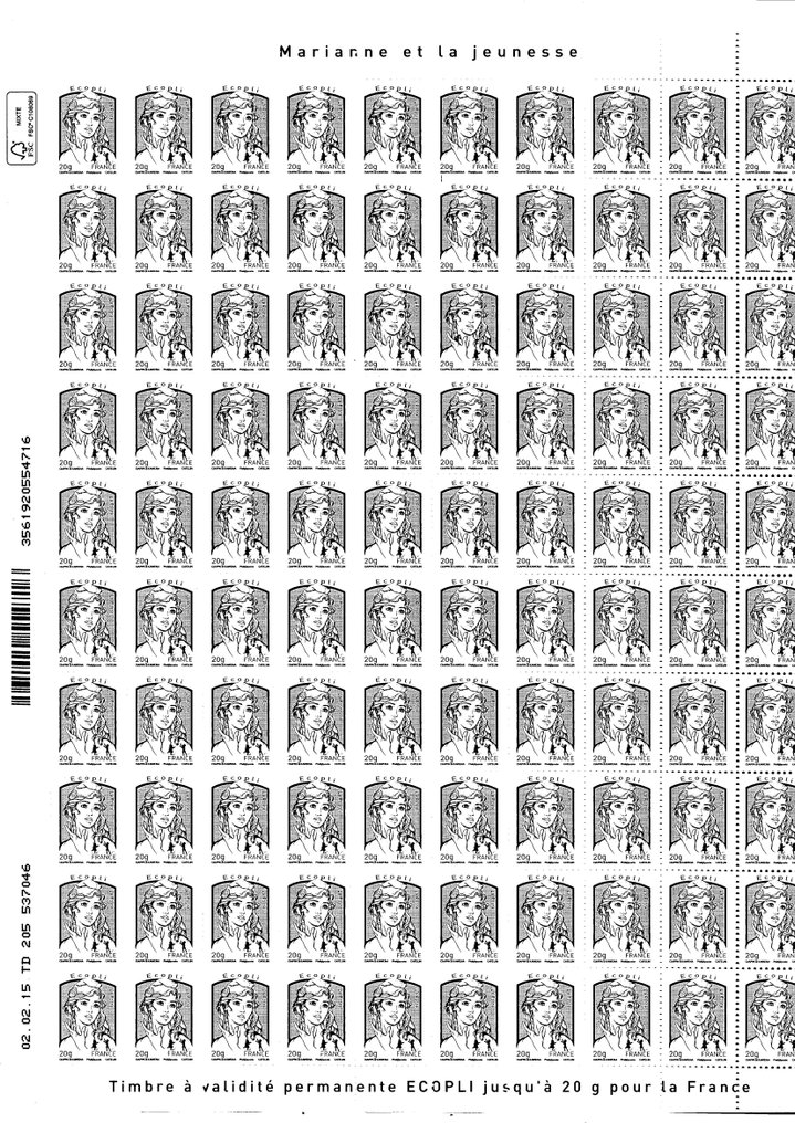 France 2013 - Complete sheet of No. 4766 Marianne by Ciappa and Kawena, 20 grams, gray écopli. - yvert et tellier N° 4766 #1.0