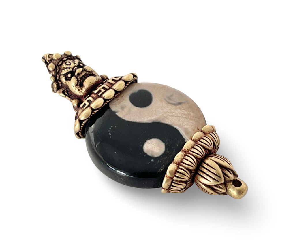 西藏黄铜镶嵌古玛瑙Dzi手工雕刻*佛陀 - 阴阳*珠子吊坠 - 6.5厘米- 60 g #2.1