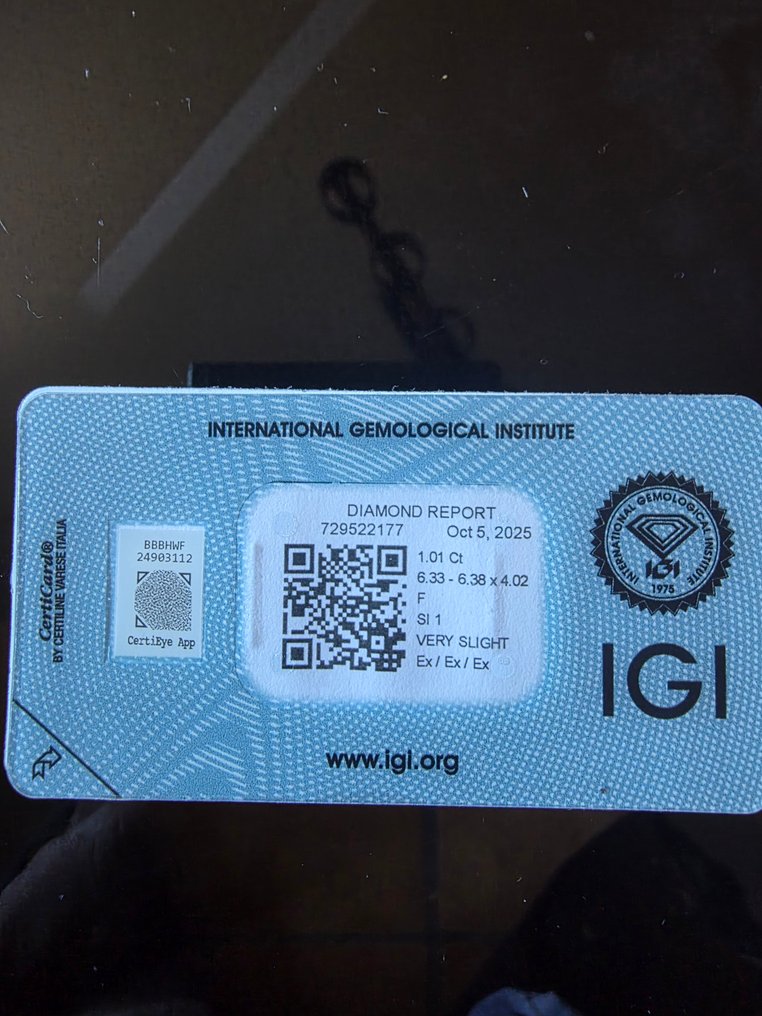 1 pcs 钻石 (天然) - 1.01 ct - 圆形 - F - SI1 微内含一级 - 国际宝石研究院(IGI) - Ex/Ex/Ex #2.1