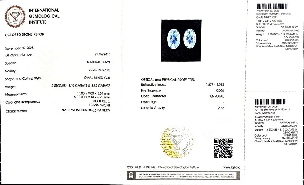 沒有保留價 - 2 pcs  藍色 海藍寶石  - 7.03 ct - 國際寶石學院（International Gemological Institute (IGI)） #2.1