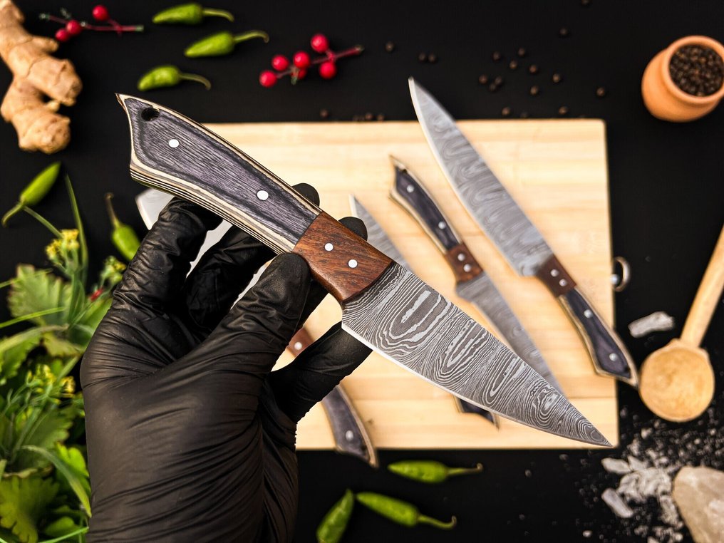 Μαχαίρι κουζίνας - Σετ μαχαίρια κουζίνας Chef για καθημερινή χρήση σε εσωτερικούς και εξωτερικούς χώρους (FK-155) - Αμερικανικό τριαντάφυλλο και εξωτικά ξύλινα χειριστήρια και 1095/15N20 διπλωμένο ατσάλι. - Ηνωμένες Πολιτείες - Σετ κουζίνας και μπάρμπεκιου #2.1