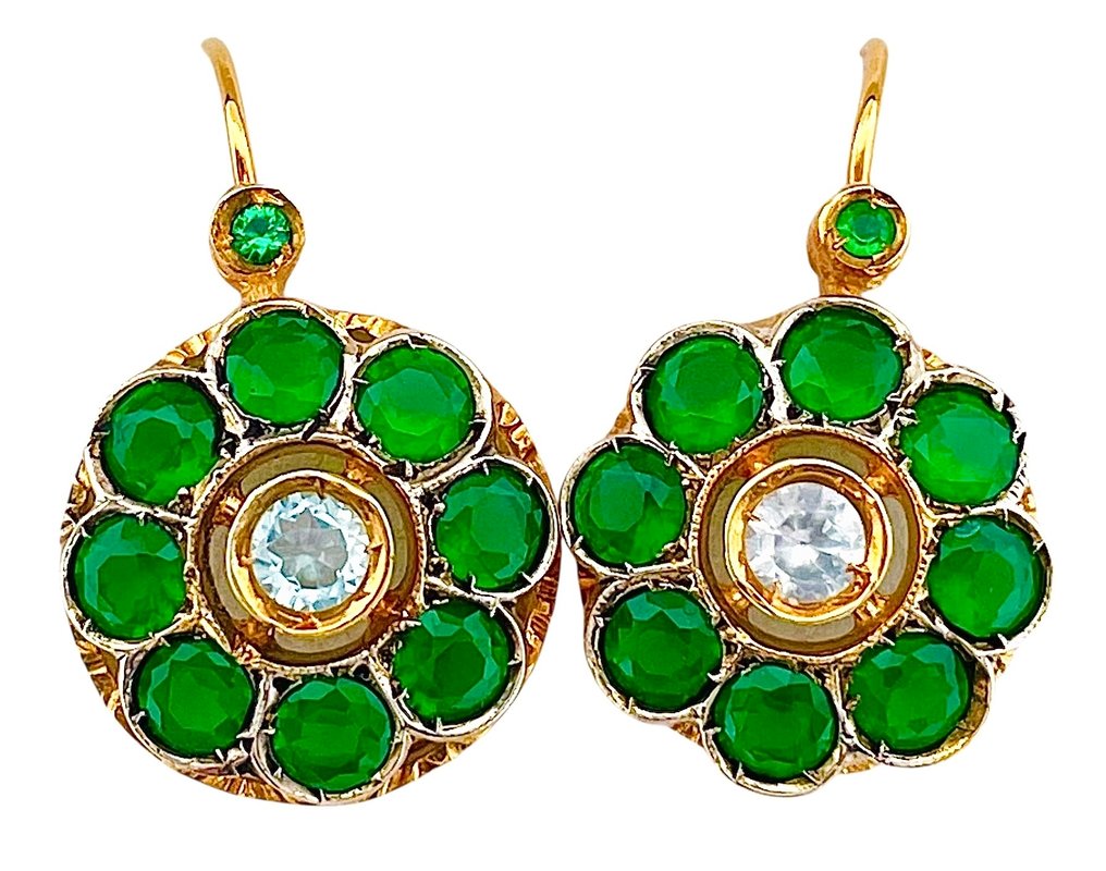 没有保留价 - 耳环 - 9 kt. 黄金, 银 祖母绿 - 海蓝宝石 #1.0