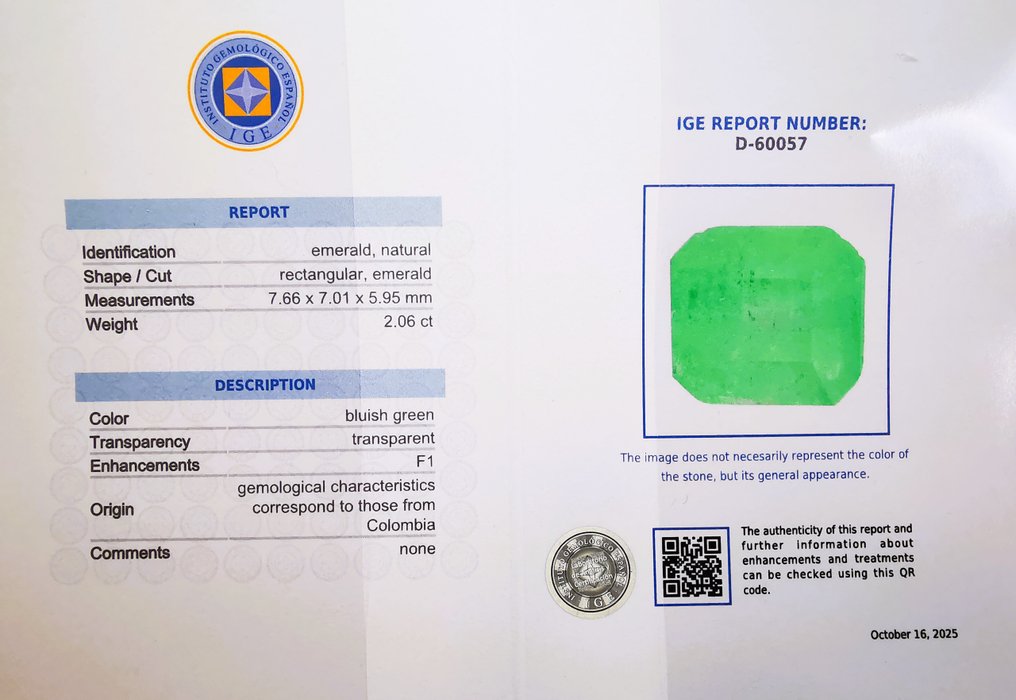 No reserve price - 1 pcs  Green Emerald  - 2.06 ct - Instituto Gemólogico Español (IGE) #2.1