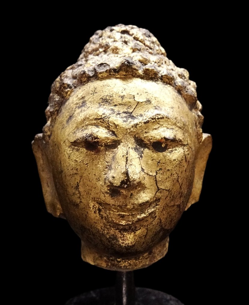 Asiatique ancien Tête de Bouddha doré à l'or - Birmanie - XVIIème/XVIIIème siècle #1.0