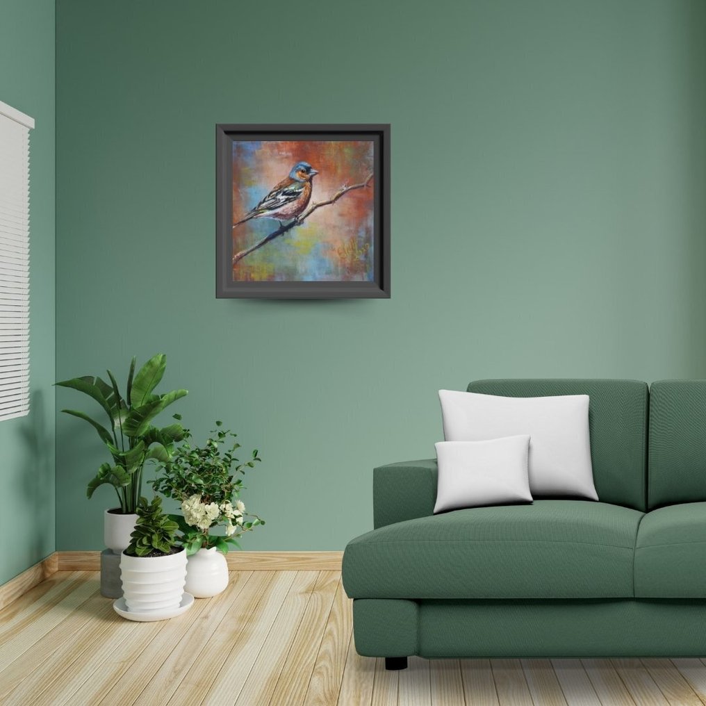 Esther Visser Pastel Art - Original Pastel - Colourful Finch on Winter Branch #2.1