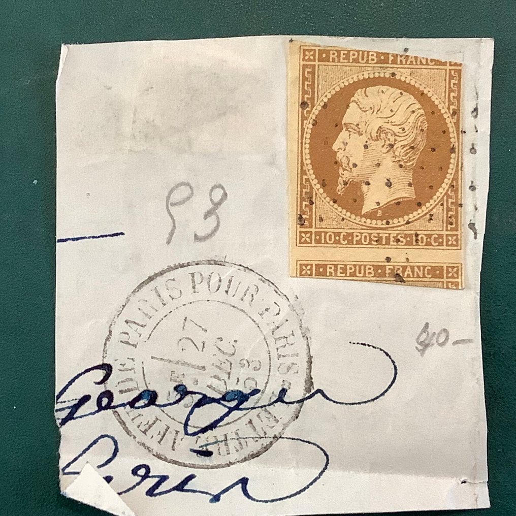 Francja 1852 - 10 cent Prins Napoleon na fragmencie. - Yvert 9 #1.0