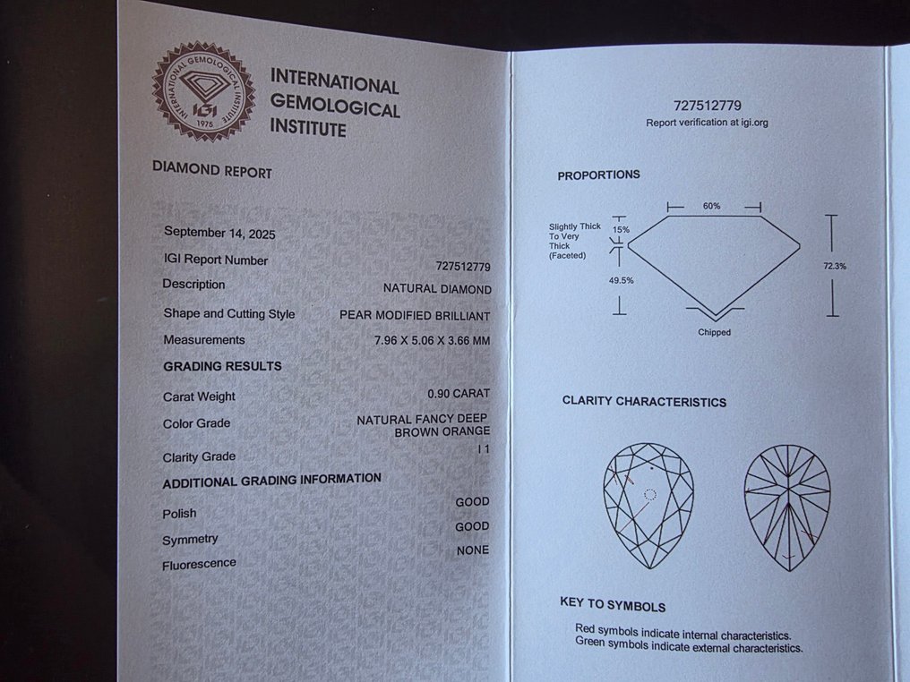 1 pcs 鑽石  (天然彩色)  - 0.90 ct - 梨形 - Fancy deep 褐色 橙色 - I1 - 國際寶石學院（International Gemological Institute (IGI)） #4.3