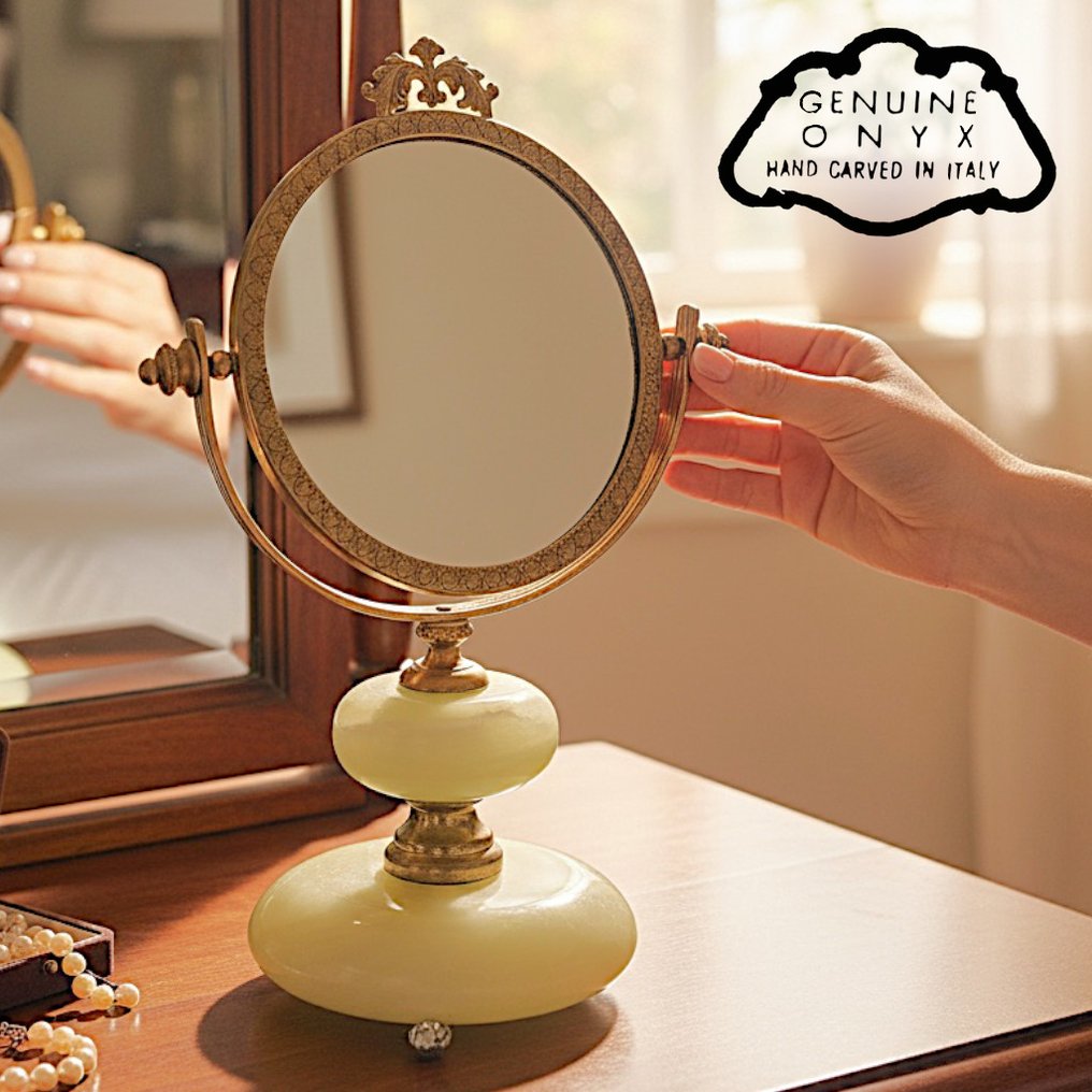 Specchio da Tavolo in Onice e Ottone con Decoro a "Fleur-De-Lis" - Victorian Style - Vintage 1940s - Miroir- Rotondo - Onyx - Sculpté à la main #1.0