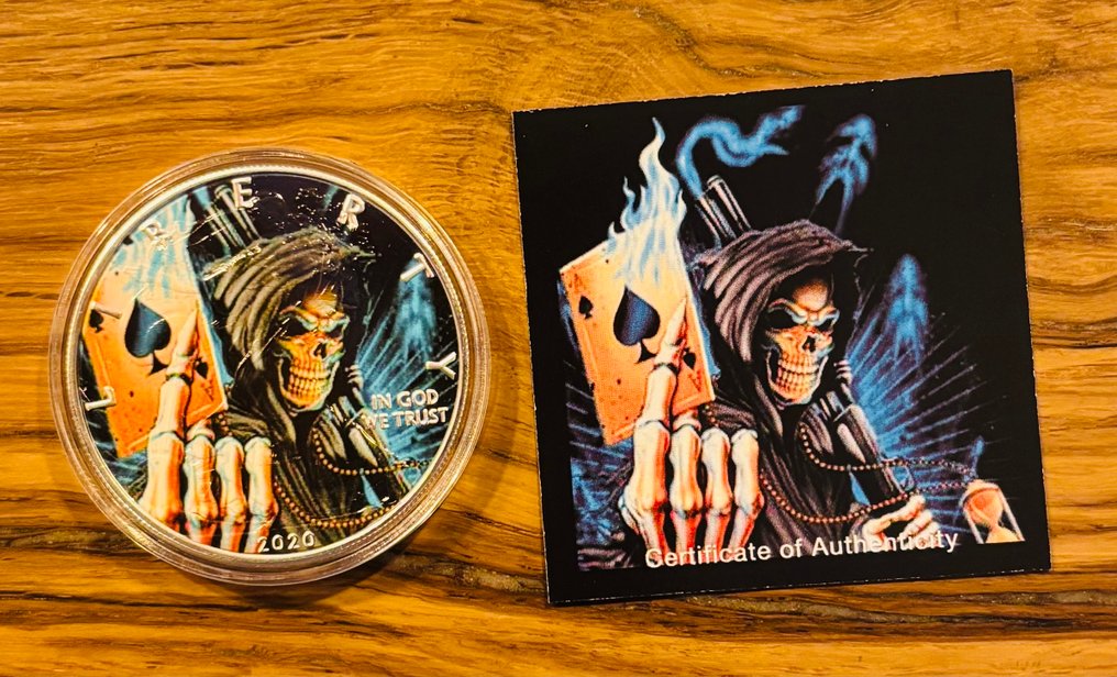 Förenta staterna. 1 Dollar 2020 Silver Eagle 1 oz (.999 zilver) met kleurprint / custom artwork en Certificate of Authenticity (Ingen mindstepris) #1.0