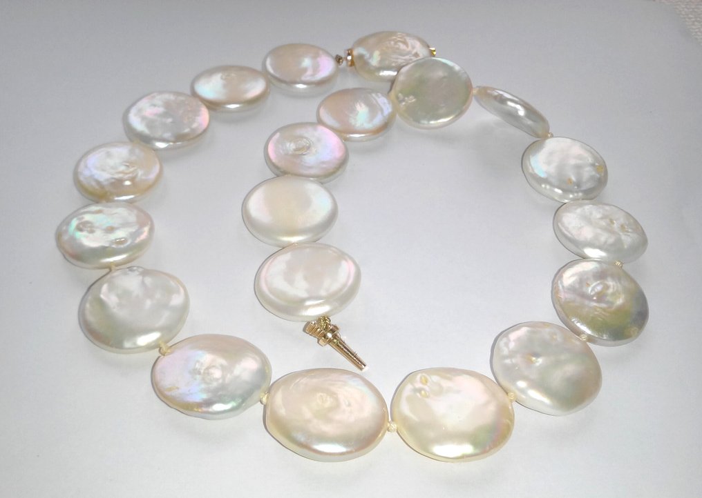 Zonder minimumprijs - Halsketting 14 kt geelgoud - Platte zuchtperlen tot 21,8 mm Ø #1.0