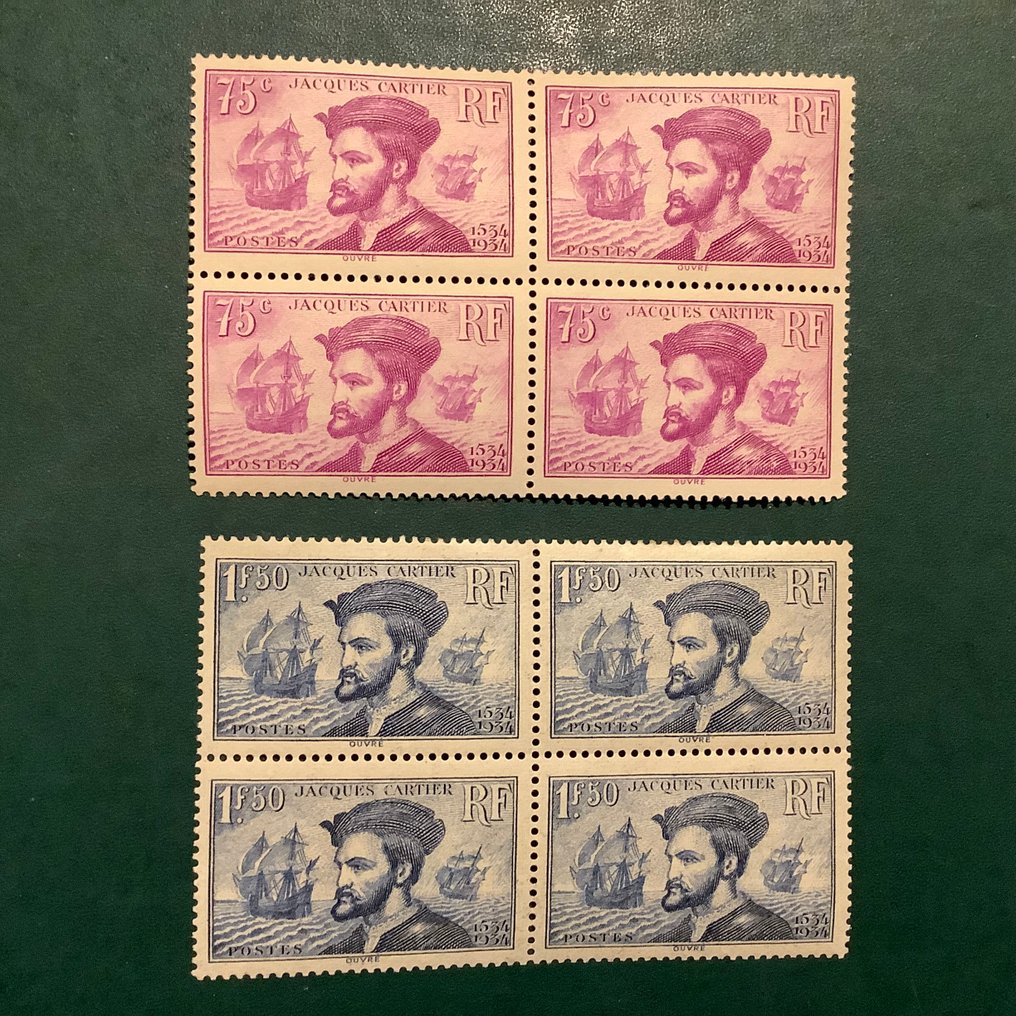 法国 1934 - Cartier 以四个一组居中的块状排列 - MNH - Yvert 296/297 #1.0