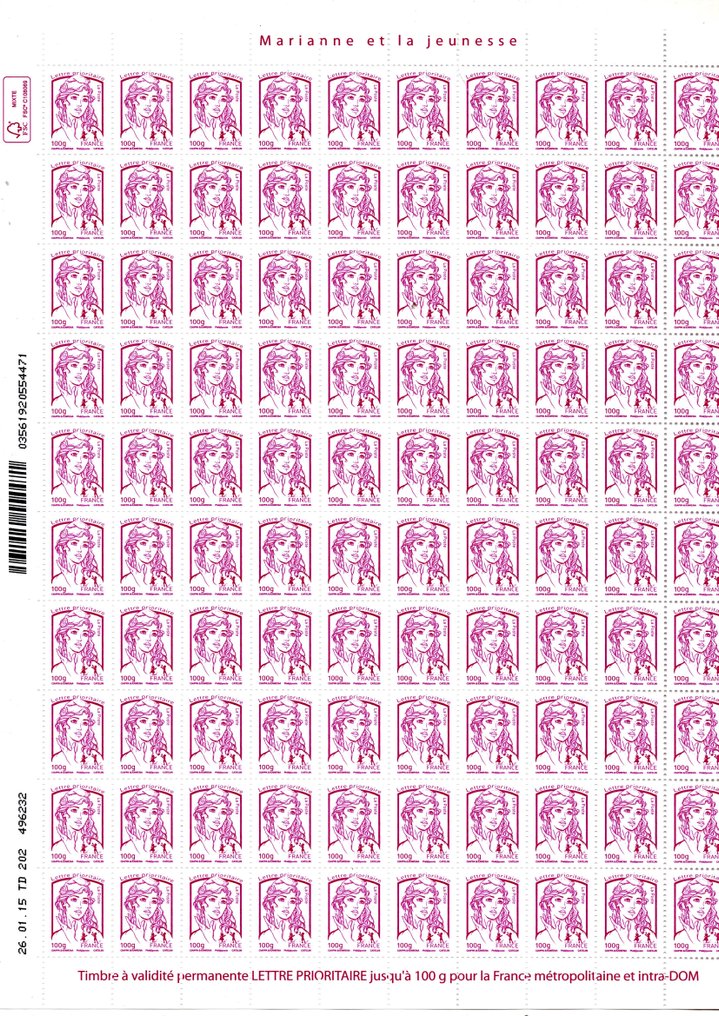 France 2013 - Complete sheet of 100 Ciappa Rose Fuchsia stamps. - YVERT & TELLIER N° 4772 #1.0