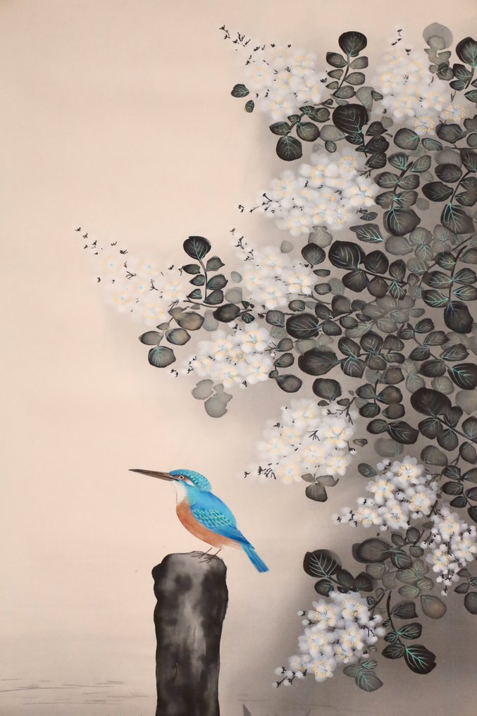 Uccello sul fiume - Re dei fiori e degli uccelli kingfisher - rotolo appeso - Dipinto a mano su seta - “Suzuki Ginrei 鈴木銀嶺” - Giappone - Periodo Shōwa (1926-1989) #4.3
