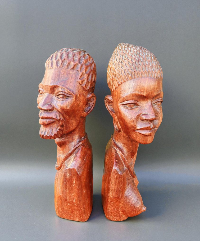 玩具人偶 - Coppia di busti intagliati in legno  (2) - 柚木 #2.1