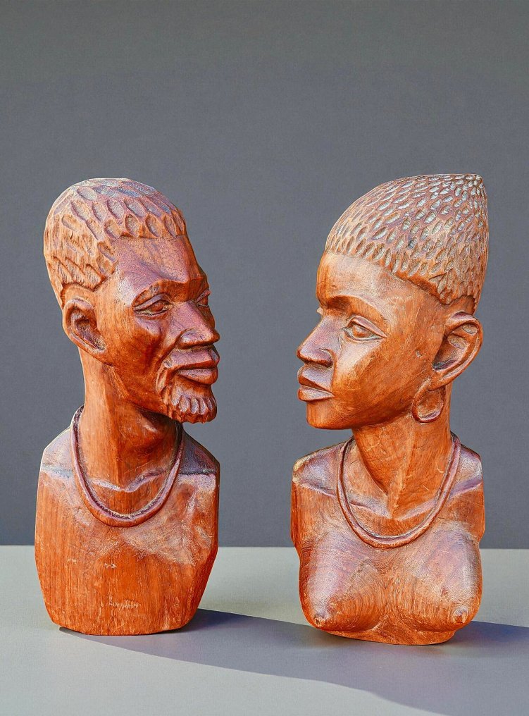 玩具人偶 - Coppia di busti intagliati in legno  (2) - 柚木 #1.0