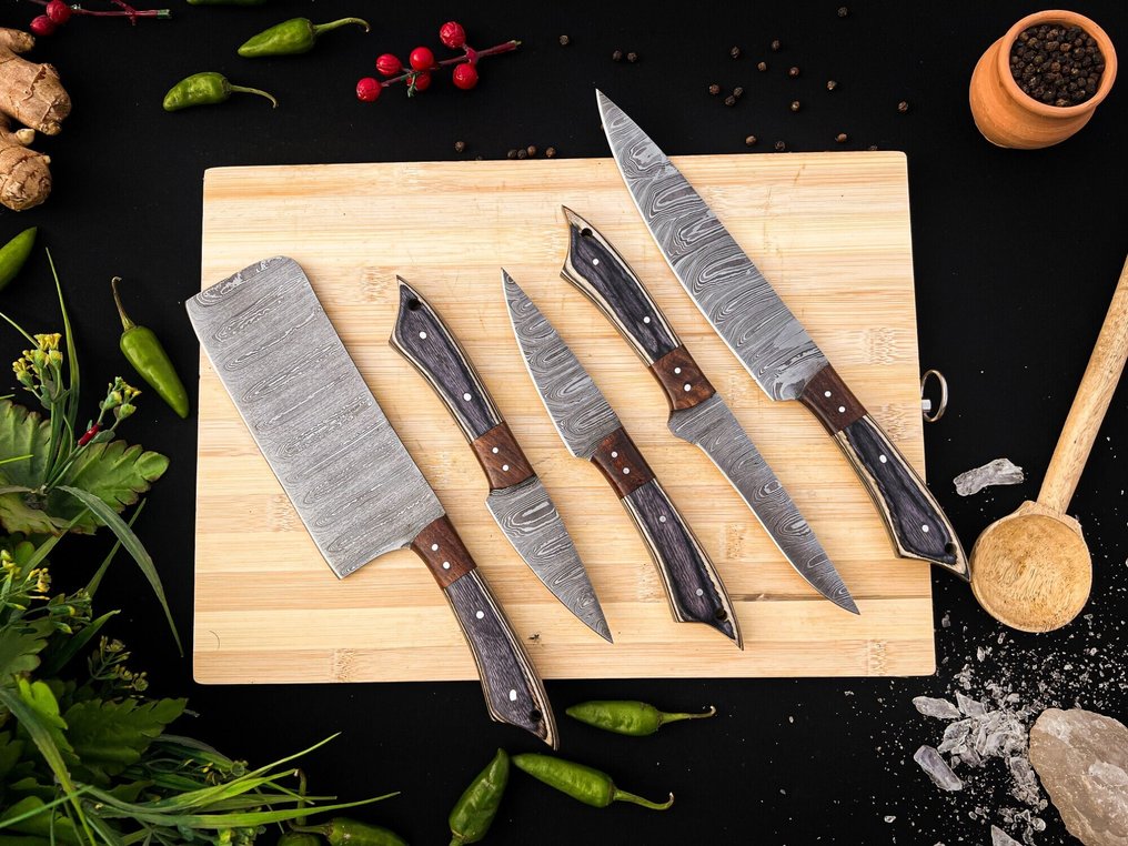 Μαχαίρι κουζίνας - Σετ μαχαίρια κουζίνας Chef για καθημερινή χρήση σε εσωτερικούς και εξωτερικούς χώρους (FK-155) - Αμερικανικό τριαντάφυλλο και εξωτικά ξύλινα χειριστήρια και 1095/15N20 διπλωμένο ατσάλι. - Ηνωμένες Πολιτείες - Σετ κουζίνας και μπάρμπεκιου #1.0