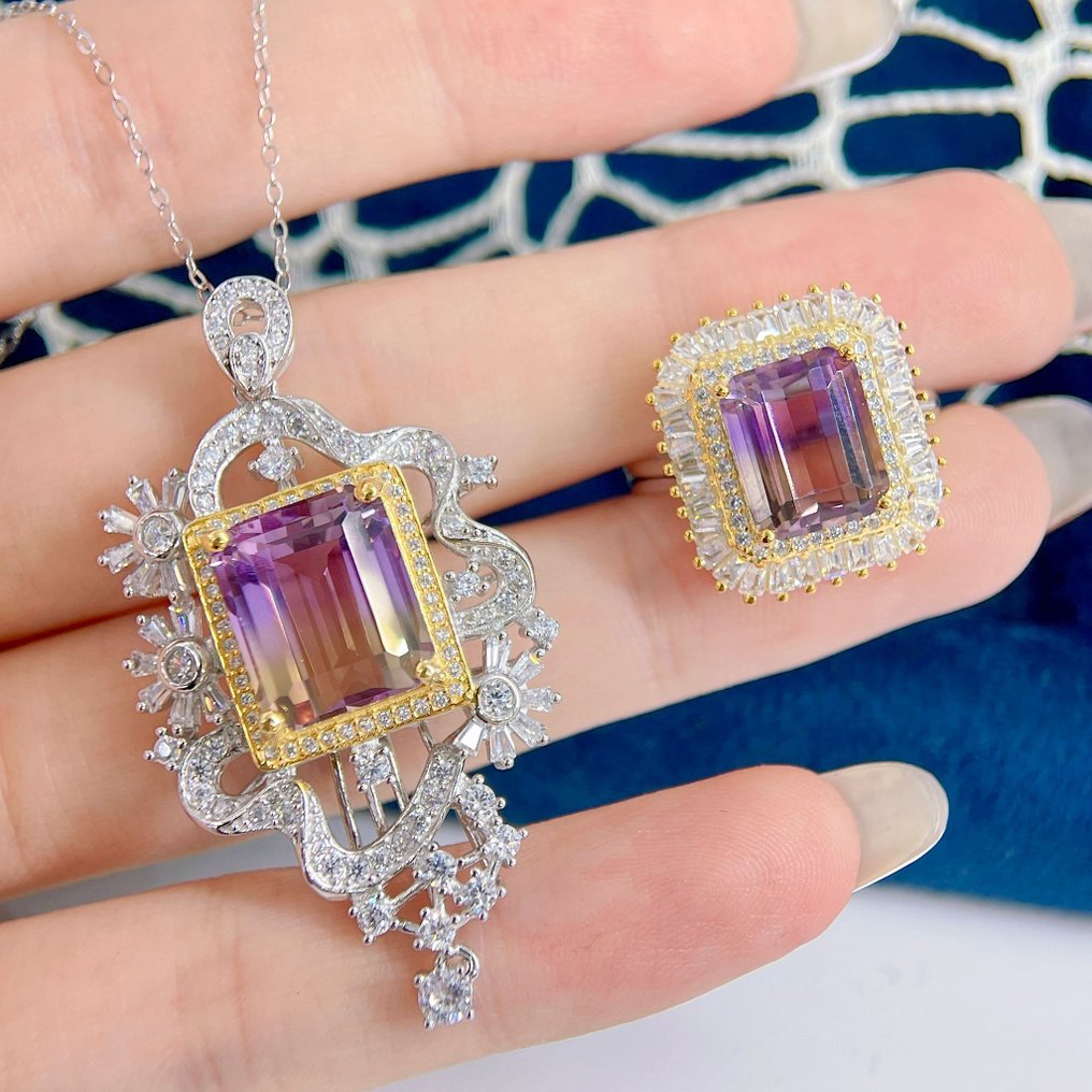 χωρίς τιμή ασφαλείας - Σετ κοσμημάτων 2 τεμαχίων Ασημένιο 925, επιχρυσωμένο με 14k χρυσό, φυσικό Αμετρίνης - Μέγεθος δαχτυλιδιού: ρυθμιζόμενο #4.3