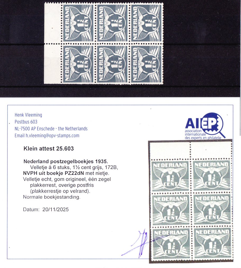 Ολλανδία 1935 - Vel από το προγενέστερο βιβλιαράκι γραμματοσήμων PZ22dN με Befund H. Vleeming. - NVPH 172B #1.0