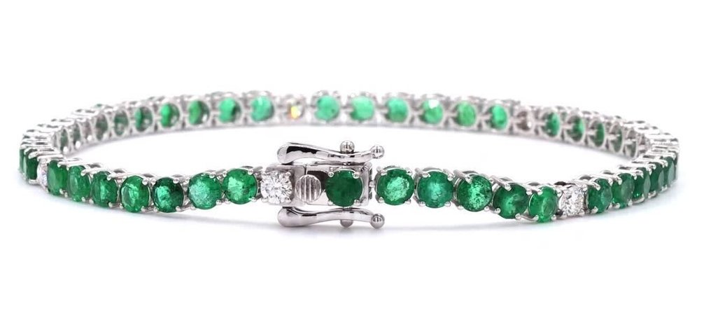 Tennisrannekoru - 18 kt. Valkokulta -  7.41ct. tw. Smaragdi - Timantti - 7Diamond smaragdinvärinen rannekoru #1.0