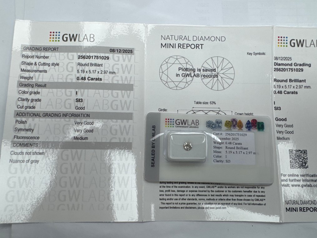 No reserve price - 1 pcs Diamond  (Natural)  - 0.48 ct - Round - I - SI3 - Gemewizard Gemological Laboratory (GWLab) #2.1