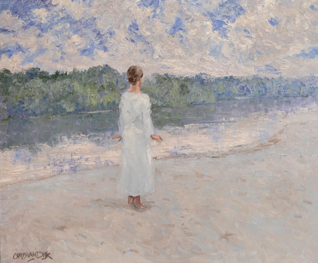 Chris van Dijk (1952) Impressionist - " Femme regardant la rivière " #2.1