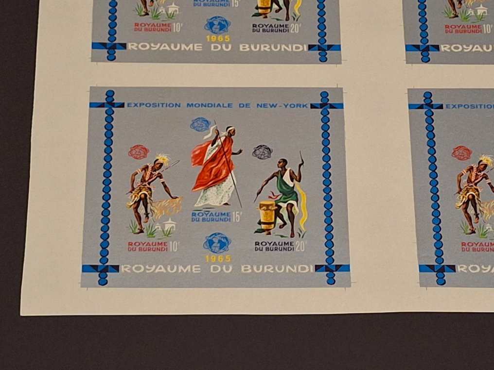 布隆迪  - 1965年 - 稀有未裁剪的4块邮票整张，编号BL8A，无齿，国际试印 #3.2