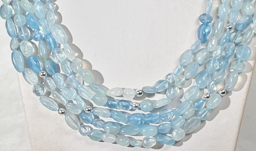 天然海蓝宝石 - AAAA++ - 超长 - 神圣保护 - 925纯银扣 - 頸鏈 #1.0