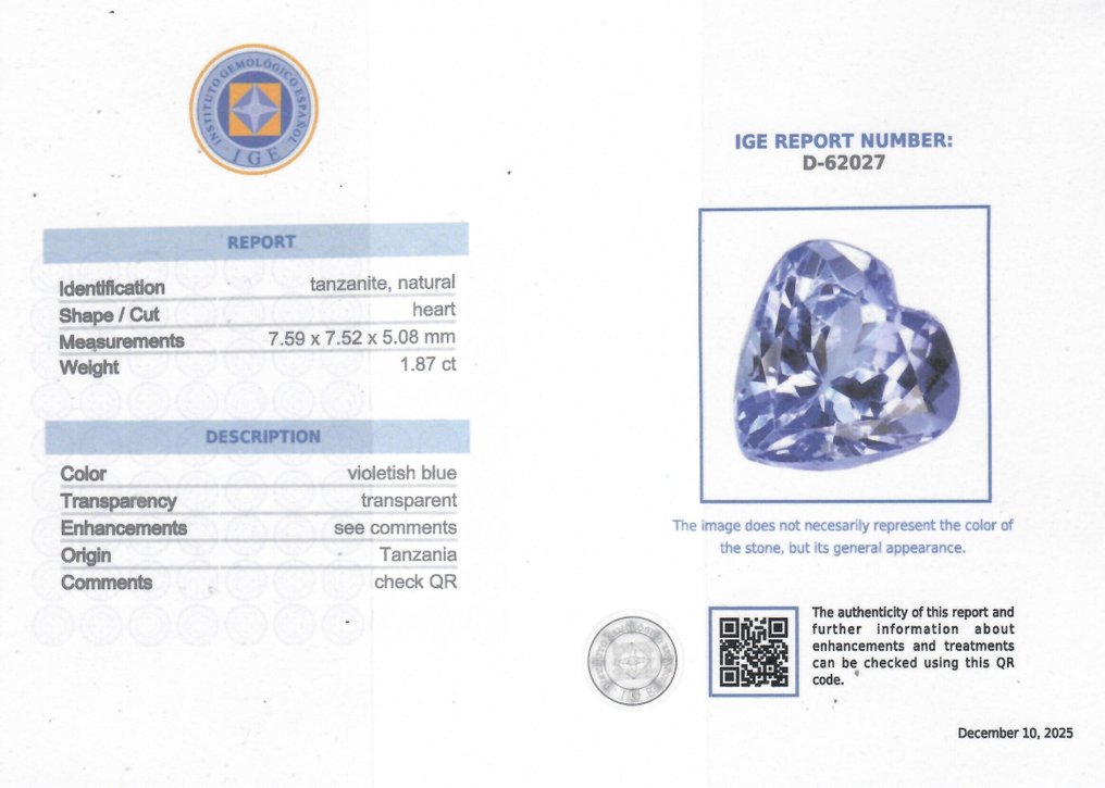 1 pcs  Tanzanit  - 1.87 ct - Instituto Gemólogico Español (IGE) #2.1