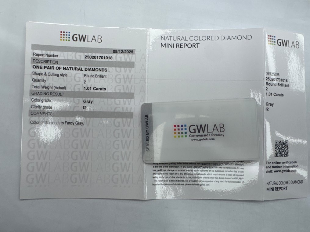 Ingen reservasjonspris - 2 pcs Diamant  (Naturfarget)  - 1.01 ct - Rund Grå - I2 - Gemewizard Gemologisk laboratorium (GWLab) #3.2