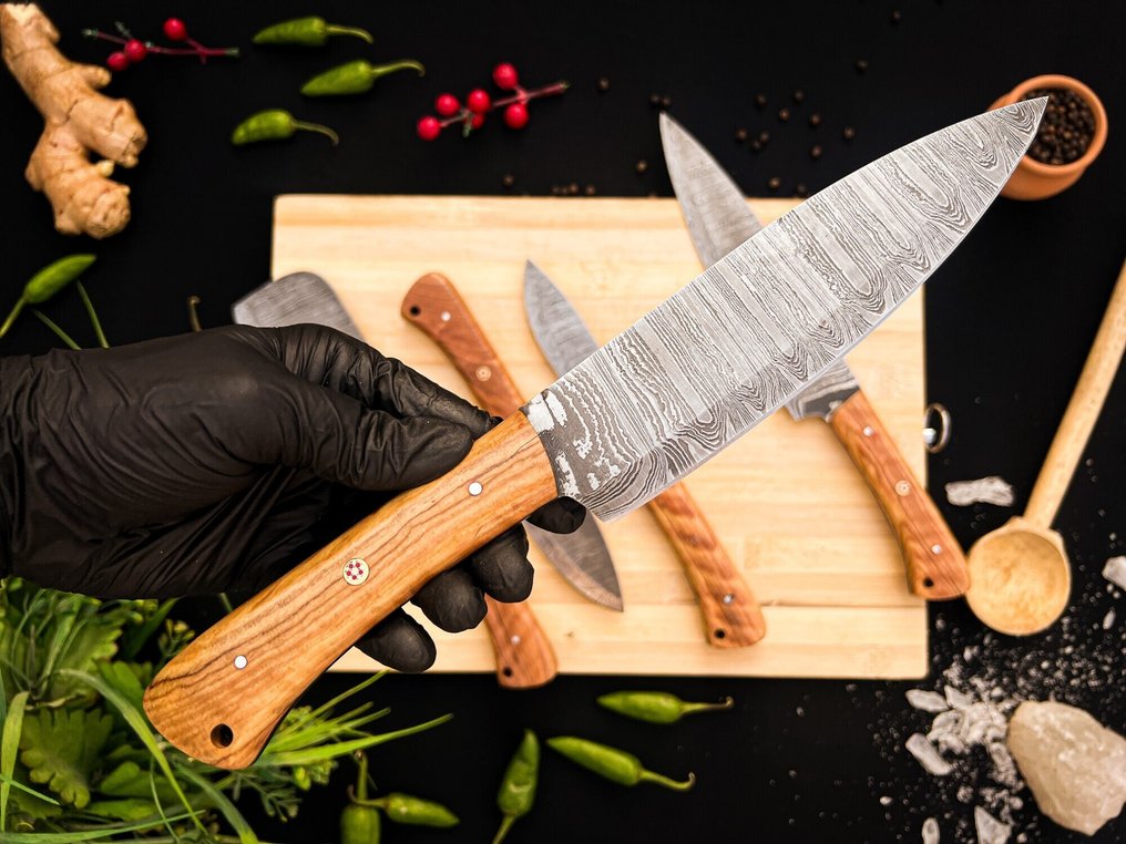 Μαχαίρι κουζίνας -  Σετ μαχαιρών κουζίνας για καθημερινή χρήση σε εσωτερικούς και εξωτερικούς χώρους (FK-157) - Χειρολαβή από αμερικανικό ελαιόδεντρο και διπλωμένο ατσάλι. - Ηνωμένες Πολιτείες - Σετ κουζίνας και μπάρμπεκιου #4.3