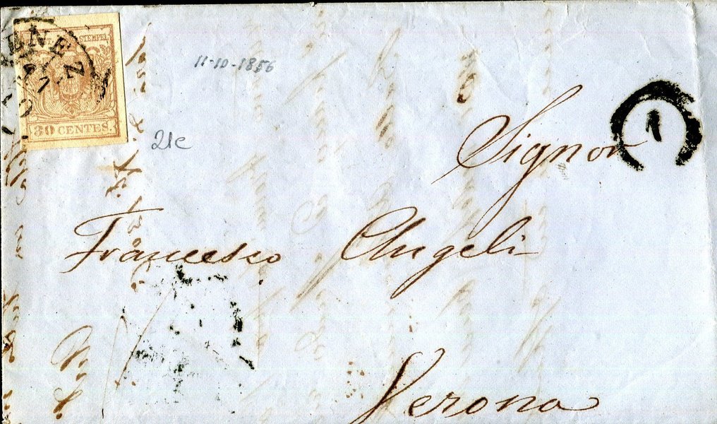 Αρχαία κράτη Ιταλίας - Lombardo Veneto 1850 - Επιστολή με ταχυδρομική σήμανση 30 λεπτών «Φτωχή Εκτύπωση» - Sassone 21c. #1.0