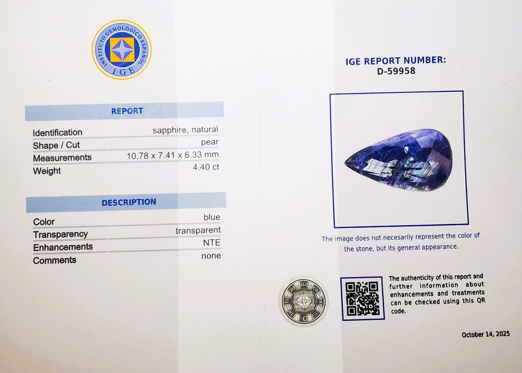 没有保留价 - 1 pcs  蓝色 蓝宝石  - 4.40 ct - 西班牙宝石学院（IGE） - 斯里兰卡 / 无热 #2.1