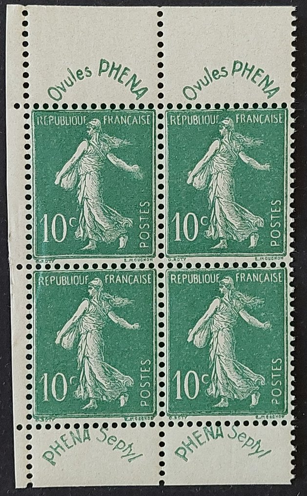 Francja 1924/26 - Phéna, Semeuse, 10 c. zielony, blok 4 luksus** - Yvert 188 #1.0