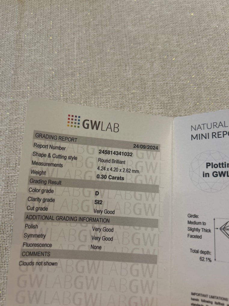 1 pcs Diamante  (Naturale)  - 0.30 ct - Rotondo - D (incolore) - SI2 - Gemewizard Gemological Laboratory (GWLab) #4.3