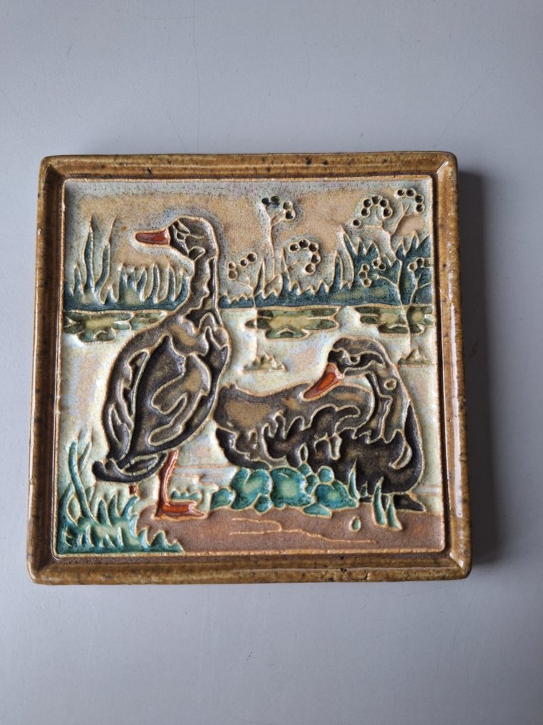 Πλακάκι - Κεραμικό πλακίδιο με δύο πάπιες - Porceleyne Fles - 1930-1940 #1.0