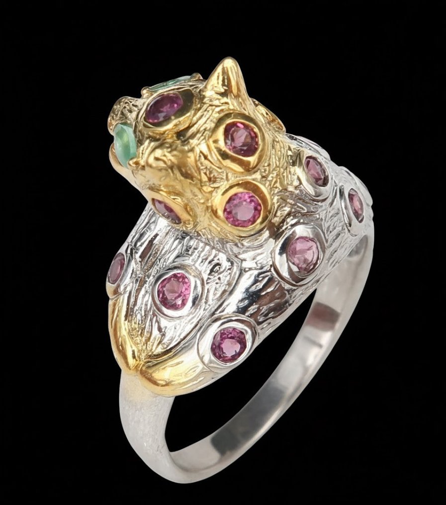 Smaragd - Sølv, Royal leopardring: magnetisk karisma og intuition - sølv 925, granat - Ring #3.2