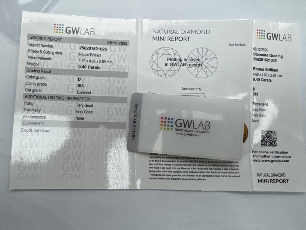 Ei pohjahintaa - 1 pcs Timantti  (Luonnollinen)  - 0.40 ct - Pyöreä - D (väritön) - SI3 - Gemewizardin gemologinen laboratorio (GWLab) #3.2