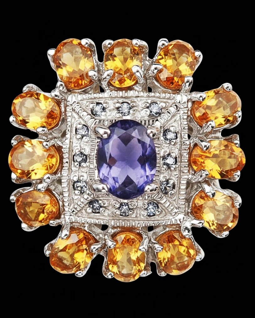 Iolite - Argento, Anello Marguerite Iolite & Citrine: Serenità & Dolcezza di Vivere - Argento 925 - Anello #1.0
