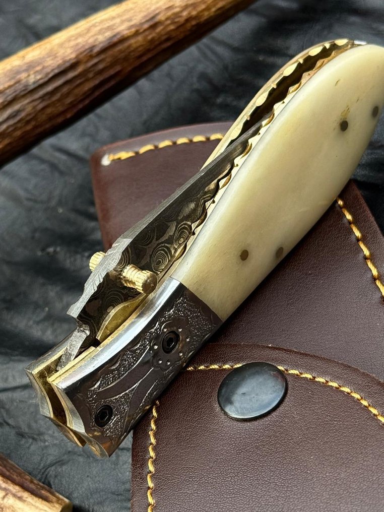 厨刀 - 厨房刀具 - 高级大马士革折叠口袋刀 - 天然骨柄 - 亚洲 #3.2