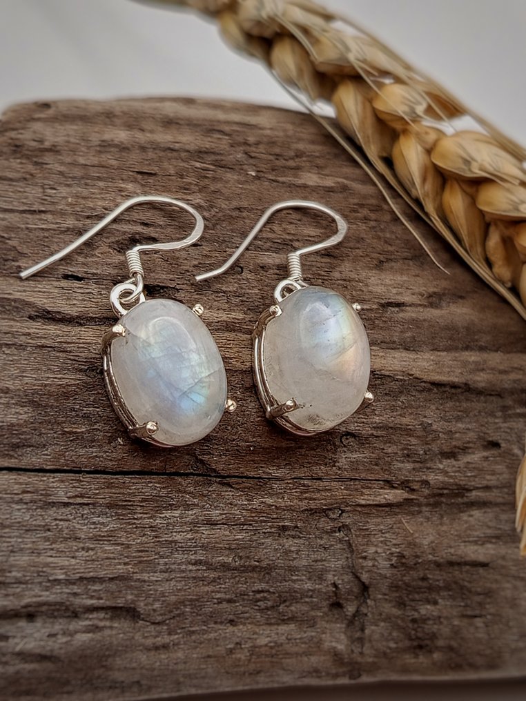 925纯银耳环，配白色顶级 Labradorite - 高度: 32 mm - 闊度: 10 mm- 5.7 g - (1) #4.3